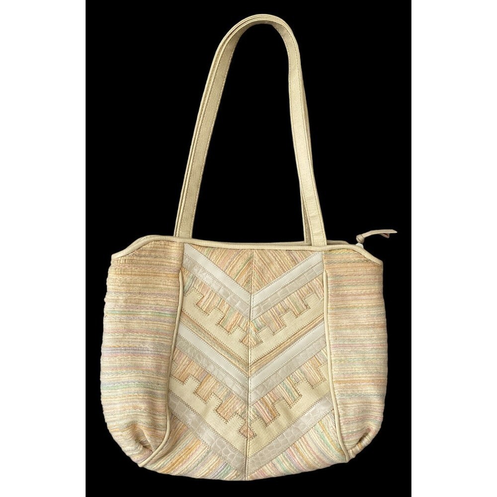 Vtg 80s Valerie Barad Shoulder Bag Chevron Patchwork Leather Cream Multicolor